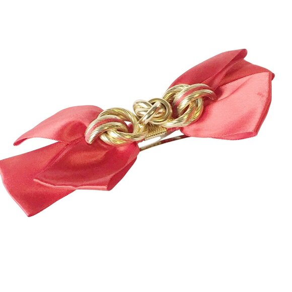 Oversized Red Satin Bow Golden Knot Hair Clip Vintage 80s Accessory Headwear Hea - Picture 2 of 5